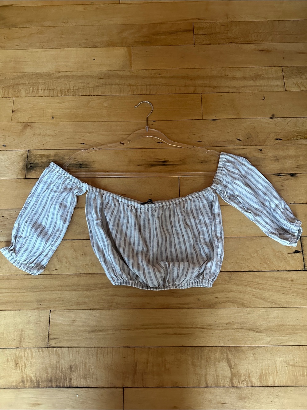 Brandy Melville Beige and White Striped Off-Shoulder Crop Top